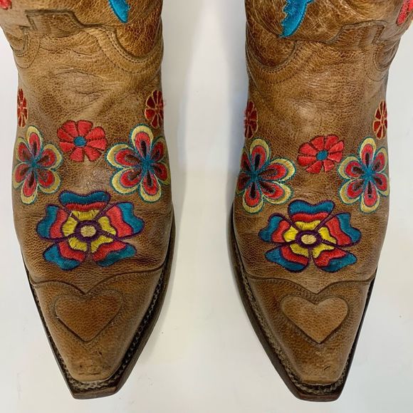 Old Gringo Brown Floral LOVE Embroidered Checruda Leather Cowboy Boots Size 8.5 - Picture 7 of 12